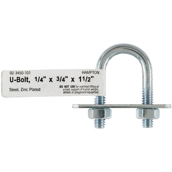 Hampton Round U-Bolt, 1/4", 3/4 in W, 1-1/2 in H, Zinc Plated Steel 02-3450-101 - main